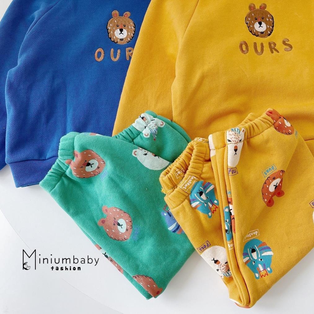 Bộ đồ dài tay quần dài thu đông thêu gấu cho bé gái/trai chất liệu cotton nỉ bông, set quần áo trẻ em MiniumBaby-SB1141