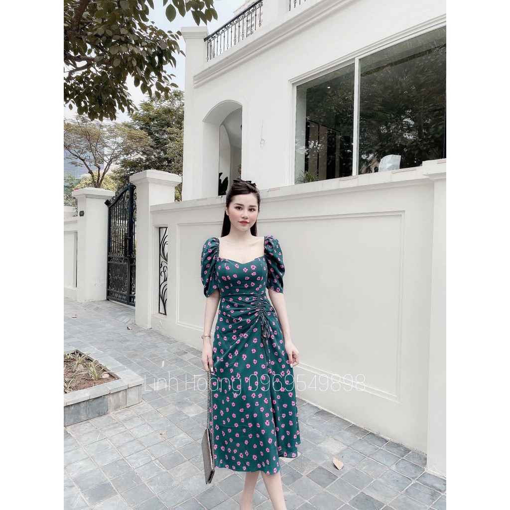 [Mã FAGREEN1505 giảm tới 30K đơn 99K] VN93 - VÁY HOA XANH DÚM EO XÒE NỮ | BigBuy360 - bigbuy360.vn