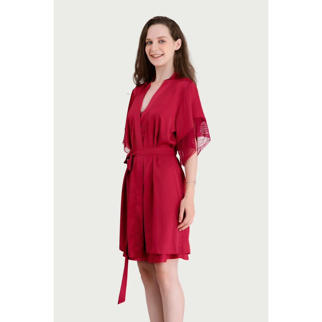 Áo khoác Kimono Vera Satin trơn phối Ren - V0455