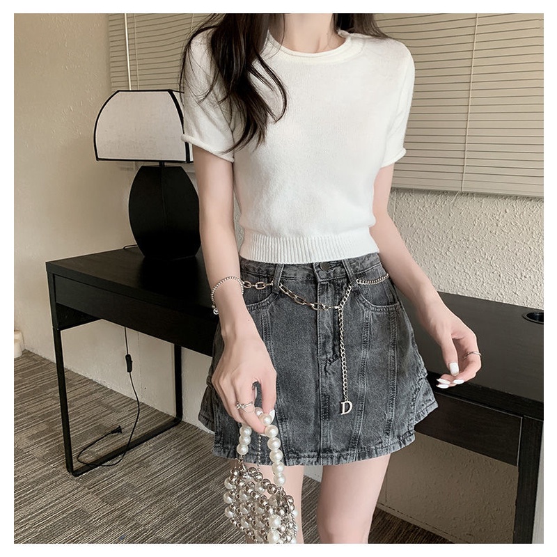 Áo Thun Đan Len Ngắn Thắt Eo Màu Hồng Phong Cách Hàn Quốc Dễ Phối Đồ Thời Trang Cho Nữ