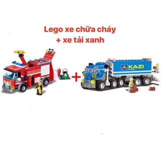 Combo 2 bộ lắp ráp kazi xe chữa cháy + xe tải xanh