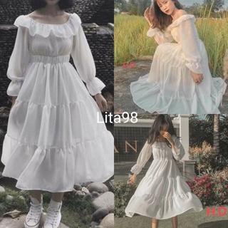 váy trắng phối lưới thắt nơ cổ dự prom