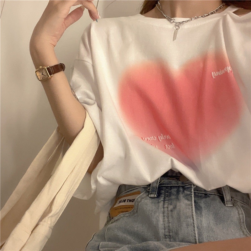Áo Thun In Hình Trái Tim Xinh Xắn Cho Nữ