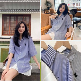 Áo sơ mi nữ thêu logo - áo sơ mi kẻ cộc tay lỡ thêu hình