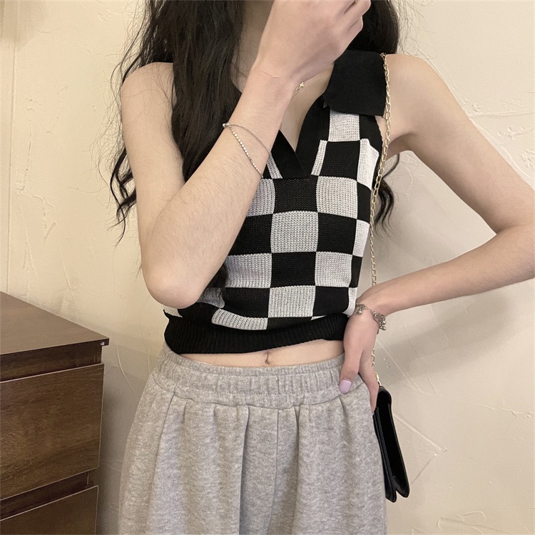 Áo croptop SUXI dệt kim họa tiết sọc ca rô phong cách Hàn Quốc