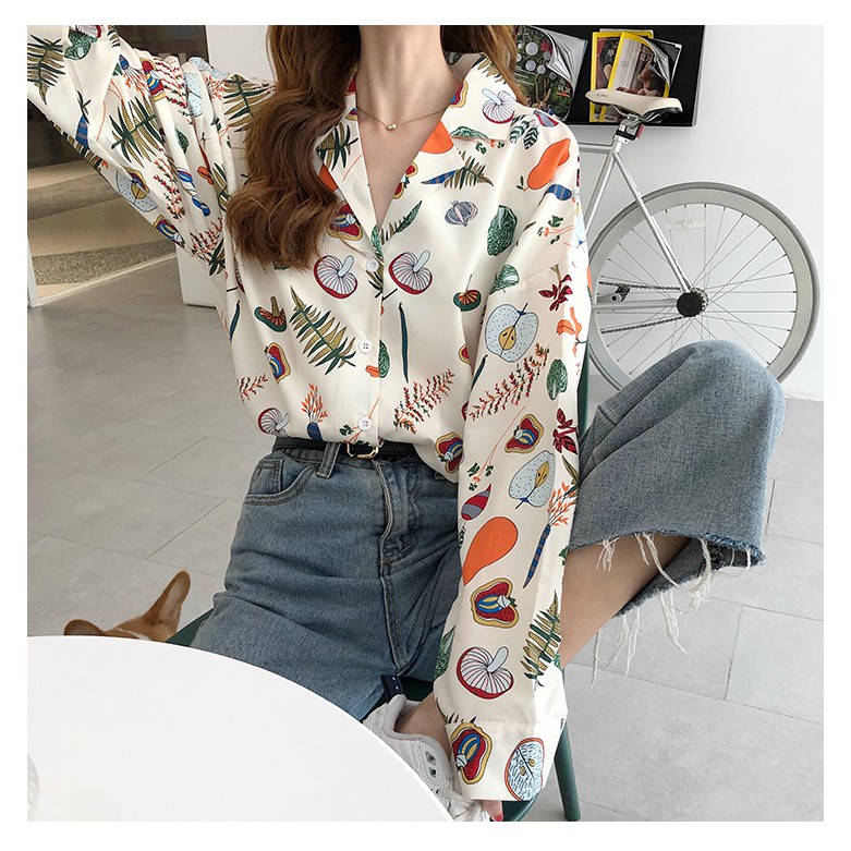 Áo Sơ Mi họa tiết dáng rộng dài tay hoa lá dễ thương