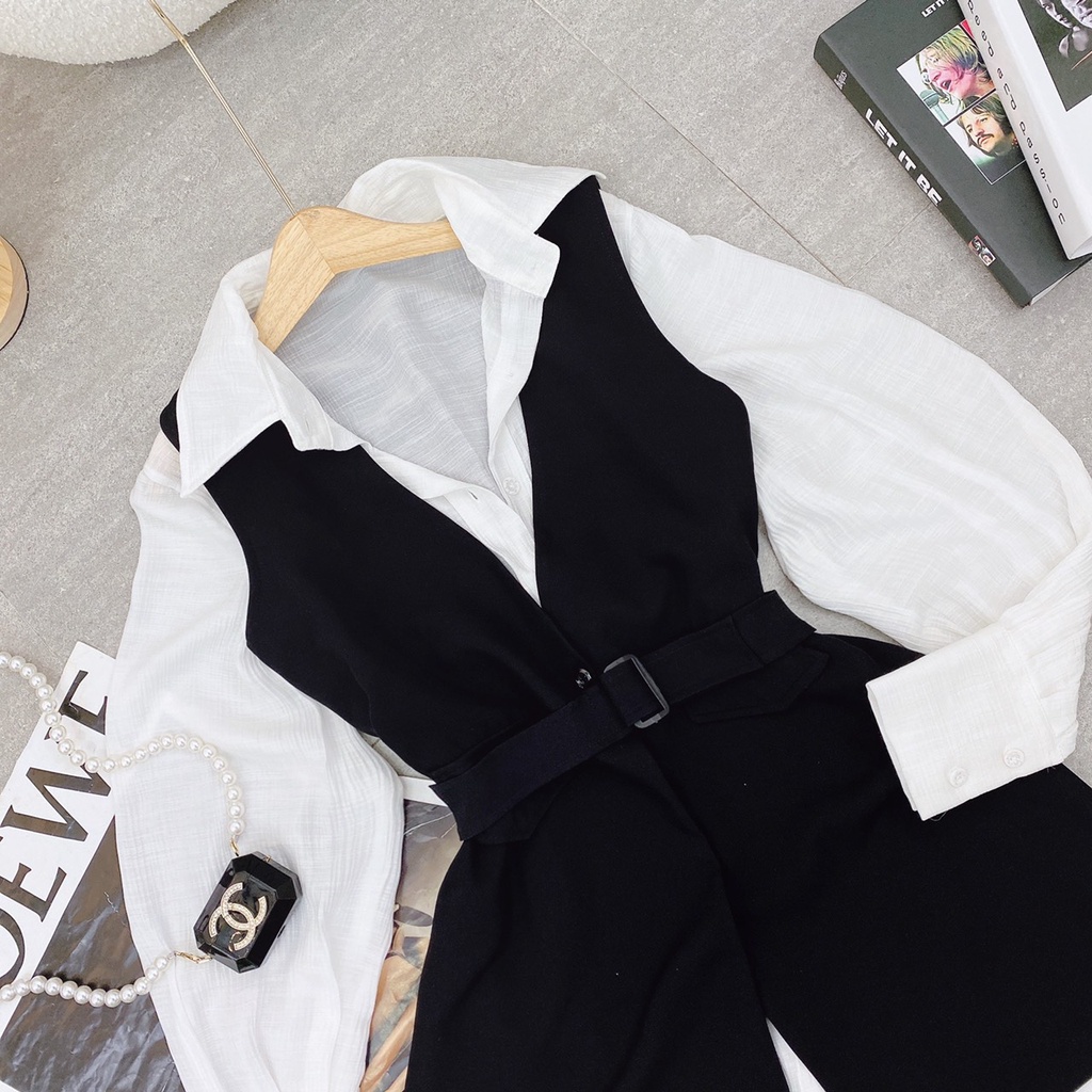 SET ĐẦM SƠ MI TRẮNG + ĐẦM GILE ĐEN SÁT NÁCH BELT
