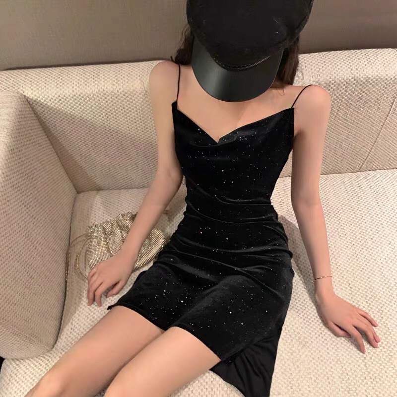 Váy đầm ôm body 2 dây hở lưng xẻ tà bling bling bắt sáng cổ V sexy đi tiệc đi chơi bar pub