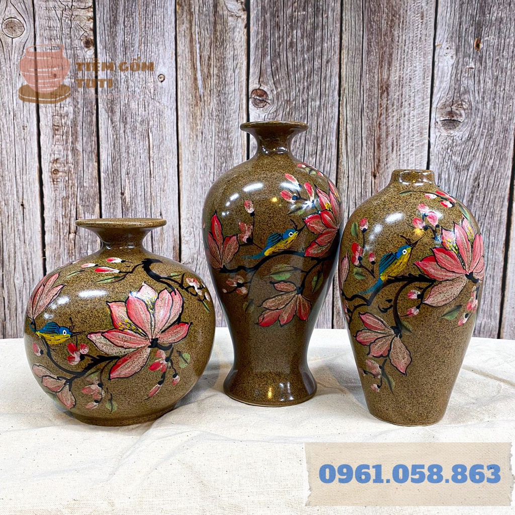 Lọ Hoa Decor, Bộ Bình Hút Lộc BÁT TRÀNG - GỐM SỨ TUTI - Men Bóng Nâu Đốm , Họa Tiết Vẽ Tay Cao 23,19,15 Cm