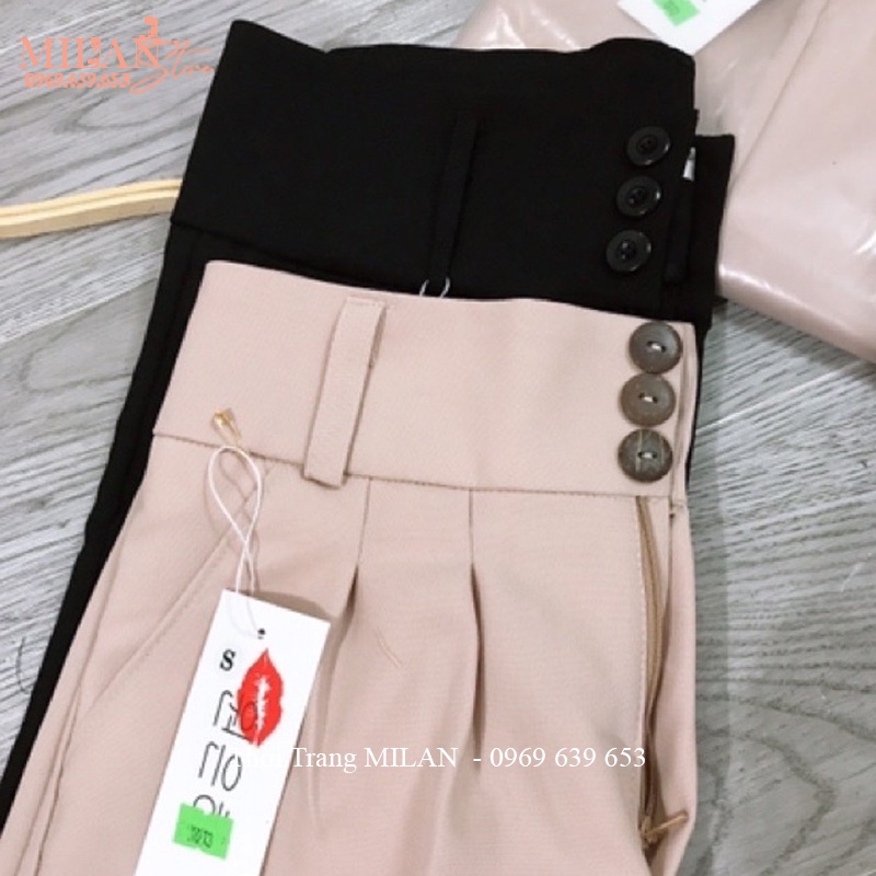 Quần baggy cạp cao công sở 3 cúc nữ bản to xếp ly có đai màu Đen Kem - Quần tây nữ lưng cao vải tuyết mưa dày đi làm học