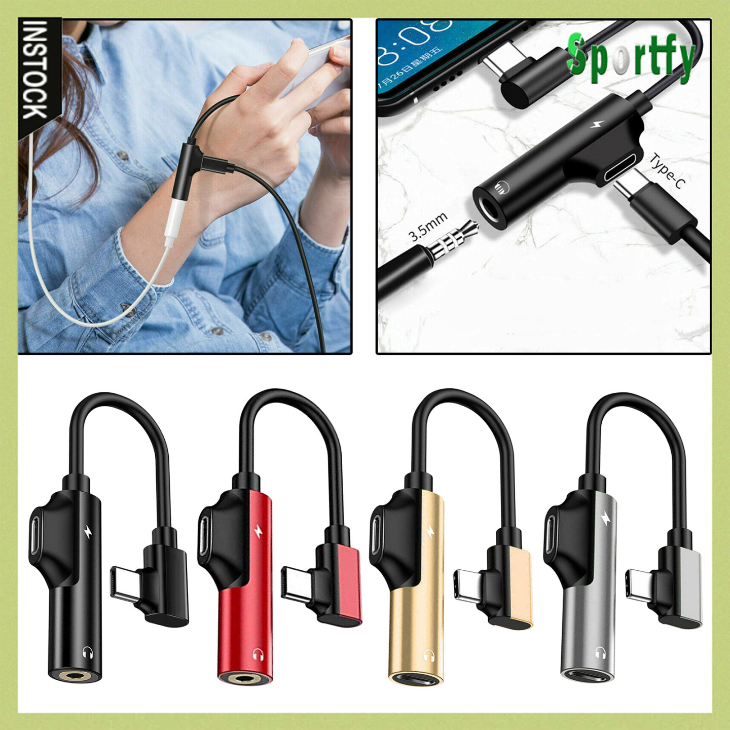 Sportfy 2-in-1 USB-C PD Headphone Jack Adapter for Aux Stereo Earphones