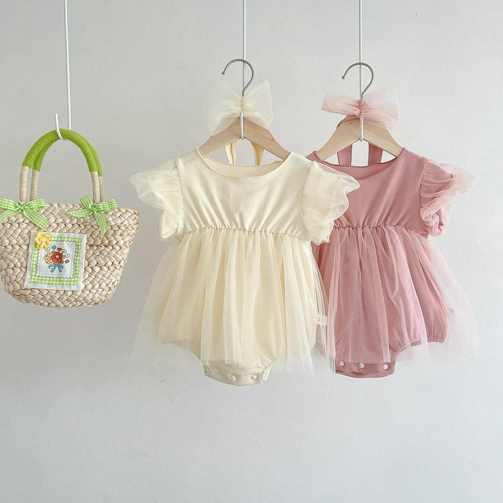 Set đầm voan liền thân ngắn tay + băng đô thời trang mùa hè thời trang dành cho bé gái