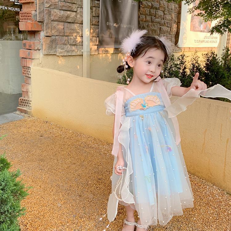 Đầm Hán Phục Tay Ngắn Phối Lưới Thêu Họa Tiết Thời Trang Mùa Hè 2022 Mới Phong Cách Trung Hoa Cho Bé Gái