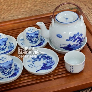 Bộ ấm trà Bát Tràng men lam cổ vẽ ông lão đánh cá vung lõm