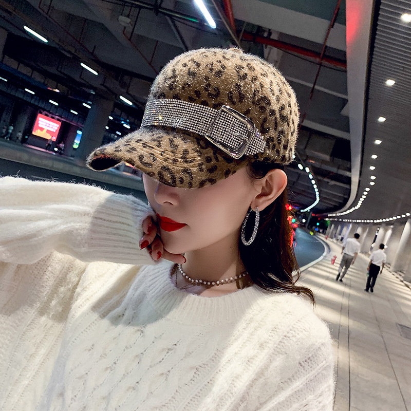 Mũ Lưỡi Trai Họa Tiết Da Báo Đính Đá Dễ Phối Đồ Thời Trang Thu Đông Phong Cách Hàn Quốc Cho Nữ