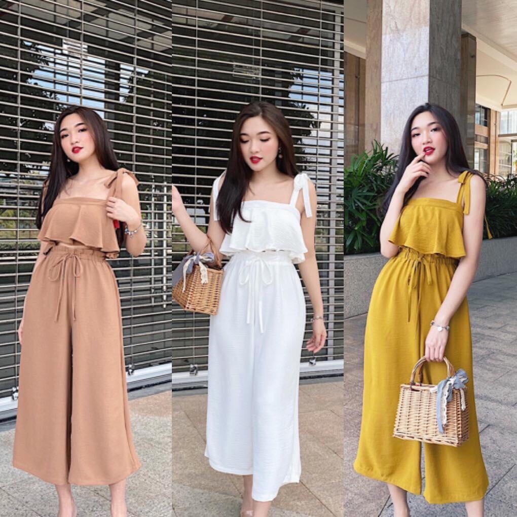 [CÓ HÌNH THẬT - FREE SIZE ĐẾN 52KG] SET ÁO 2 DÂY BÈO NƠ + QUẦN ỐNG RỘNG ULZZANG XINH XẮN - LÀM ĐẸP G