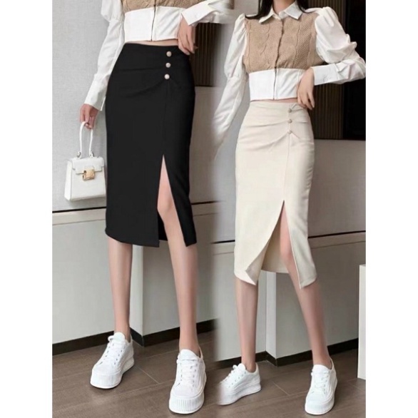 Chân váy bút chì sẻ trước công sở chất co dãn phối 3 khuy