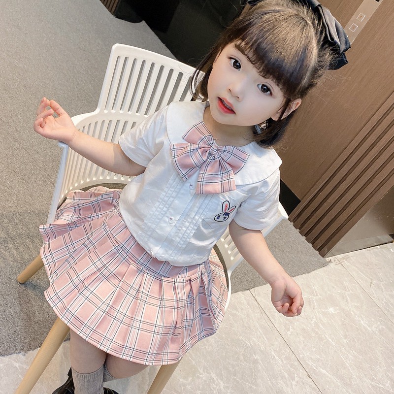 Váy Bé Gái, Set áo sơ mi + chân váy bé gái kiểu nữ sinh đáng yêu