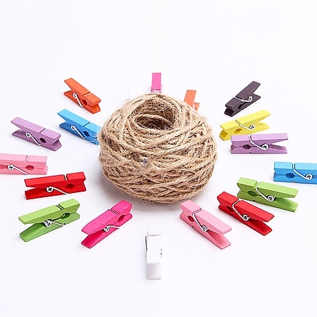 Set 20/ set 50 kẹp gỗ loại lớn đủ màu tặng kèm 5m dây thừng- Kẹp ảnh - kẹp gỗ treo khung ảnh trang trí nhà cửa tiệc