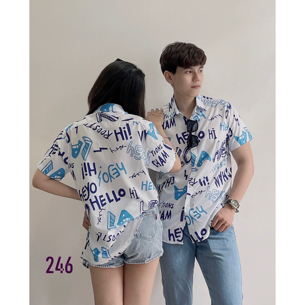 Áo Sơ Mi Nam Nữ Ngắn Tay Cổ Bẻ 246 In Họa Tiết Hi Hello Chất Vải Thoáng Mát  Mẫu Siêu Cute - Hazo