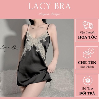 Váy Ngủ Lụa Satin Mềm Phối Ren Buộc Dây Lưng Sexy Lacy Bra - V9