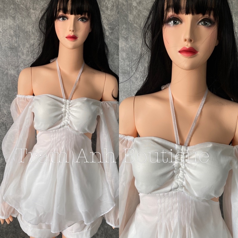 Set áo peplum rớt vai rút + short Briebrie cao cấp chất liệu tơ xốp, sang chảnh