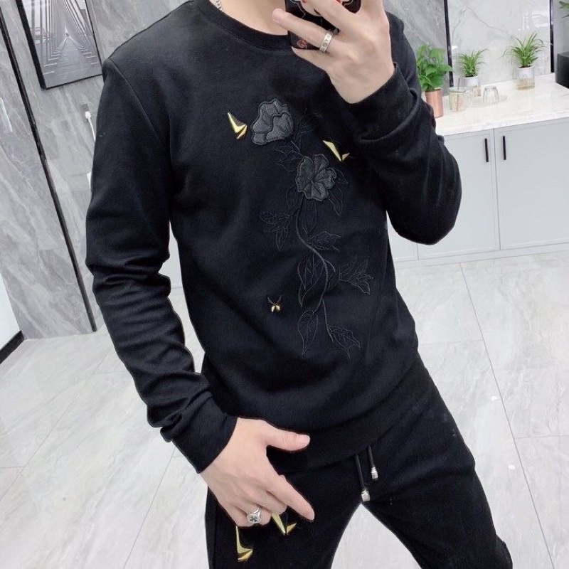 Đồ bộ nỉ nam thu đông dài tay thêu hoa BND03 chất nỉ thể thao cao cấp có bigsize