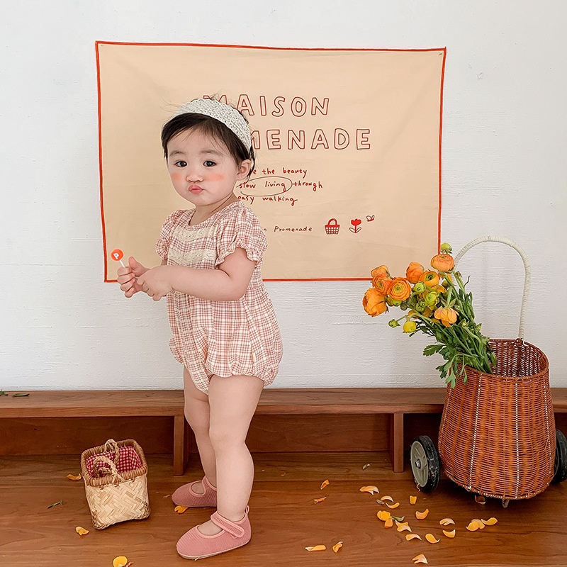 Bộ Áo Liền Quần Tay Phồng Họa Tiết Sọc Caro Thời Trang Mùa Hè Xinh Xắn Cho Bé Gái 0-2 Tuổi