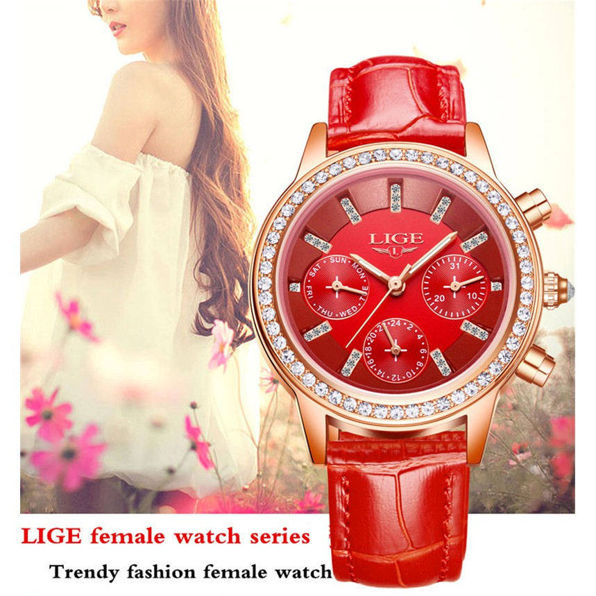 LIGE Đồng Hồ Quartz Nữ Chống Thấm Nước Có Lịch Ngày Dây Da