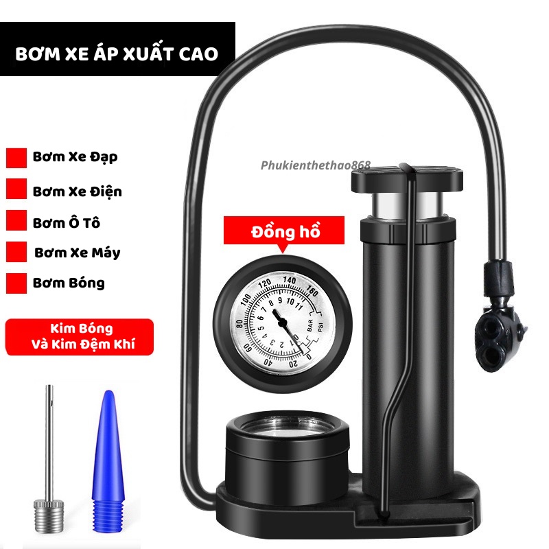 Bơm Xe Đạp Mini Đạp Chân, Bơm Xe Máy Áp Suất Cao 160psi Chắc Chắn Dễ Sử Dụng Tặng Kèm Kim Bơm