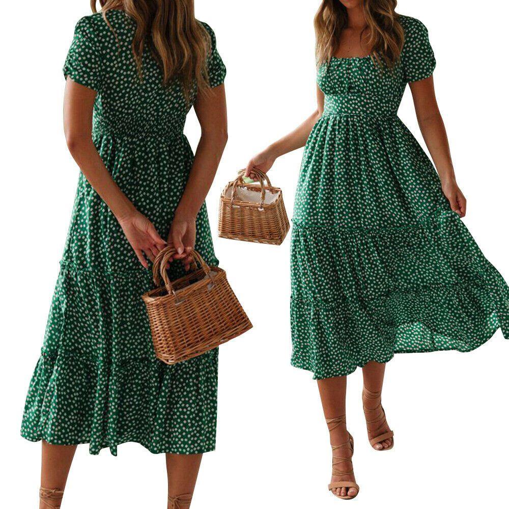 Đầm Midi Nữ Tay Ngắn Họa Tiết Chấm Bi Phong Cách Boho