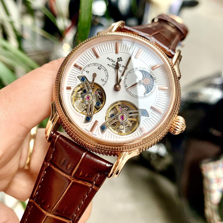 Đồng hồ Nam Patek 2 tim máy nhật, mặt trắng viền vàng, dòng cơ Automatic size 42mm-43mm | BigBuy360 - bigbuy360.vn
