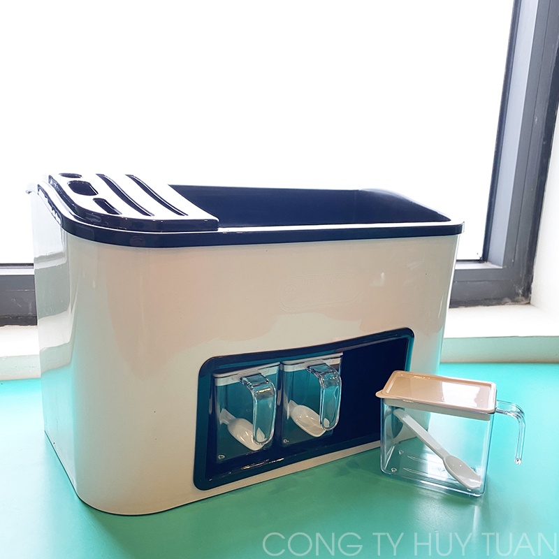 Kệ gia vị 2 tầng tích hợp khe cắm dao Việt Nhật 5758 - tặng kèm 3 hũ đựng gia vị có nắp đậy và thìa đong Boremart