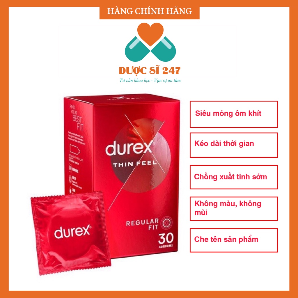 Bao Cao Su Durex CHÍNH HÃNG SIÊU Mỏng chống xuất tinh sớm, thêm chất bôi trơn hộp Hộp 30 Chiếc Siêu Mỏng