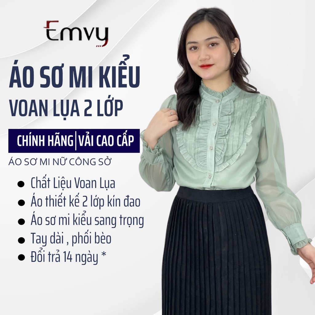 Áo sơ mi nữ tay dài công sở 2 lớp, chất liệu lụa cao cấp Emvy A2