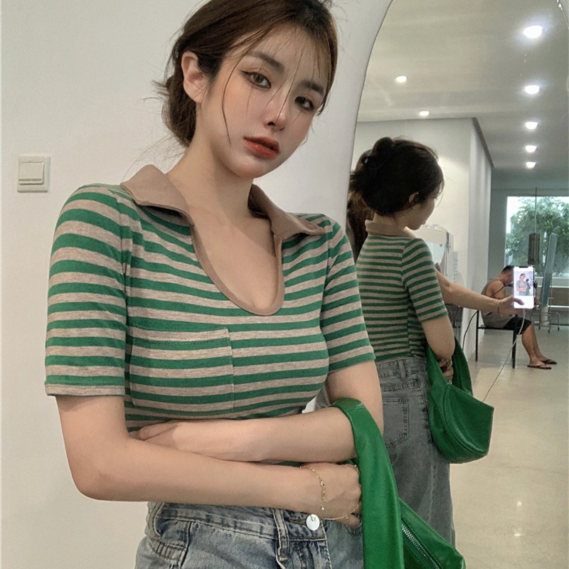 Áo Thun Tay Ngắn Cổ Chữ u Họa Tiết Kẻ Sọc Thời Trang Cho Nữ