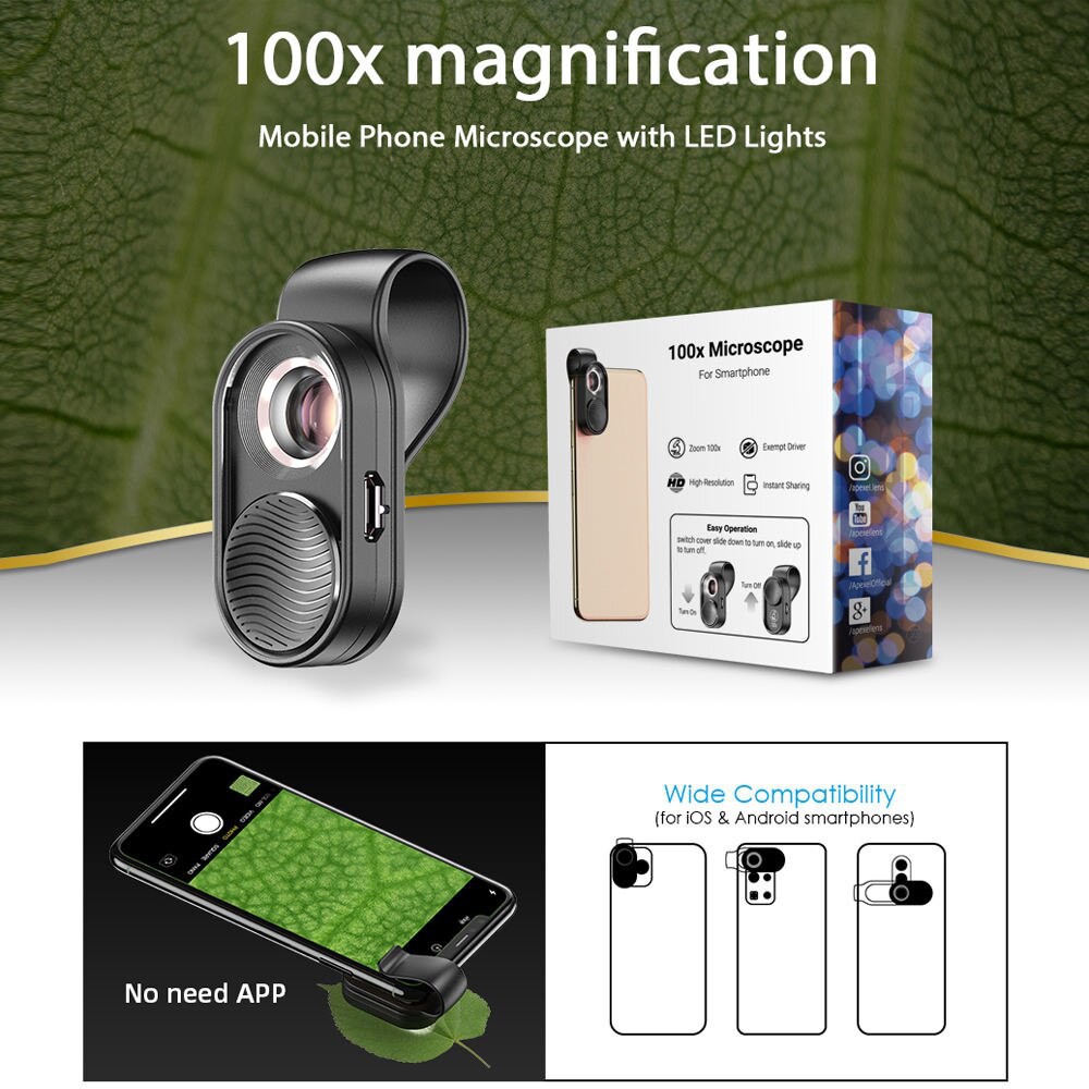 Apexel 100X lens, ống kính hiển vi siêu macro cho điện thoại thông minh - Có đèn LED