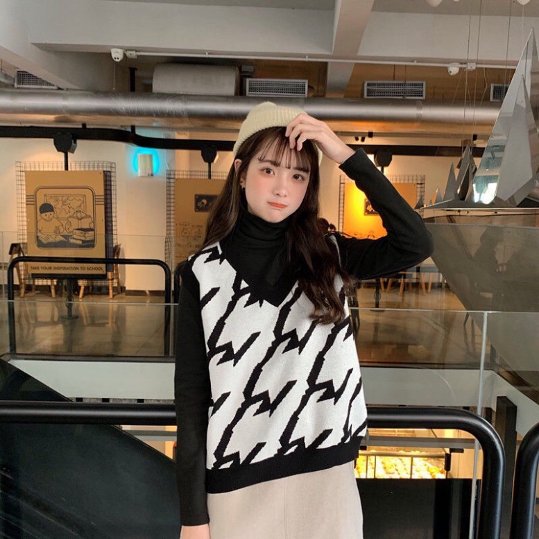 Áo Gile Len Nữ, Áo Len Gile Nữ Hoạ Tiết ziczac Vintage Cổ Chữ V KhôngTay Phong Cách Hàn Quốc | BigBuy360 - bigbuy360.vn