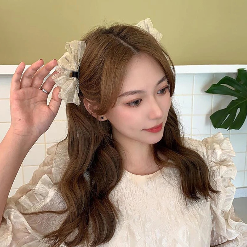 1 Cặp Kẹp Tóc Hình Nơ Lớn Phối Ren Phong Cách Hàn Quốc Dành Cho Nữ