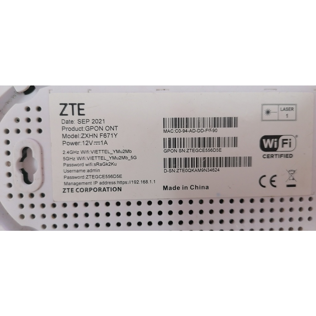 Modem Wifi Quang ZTE FPT, Viettel ZXHN-F671Y, ZXHN-F670Y, ZXHN-F670L Hai Băng Tần 2.4G và 5G (Cũ).
