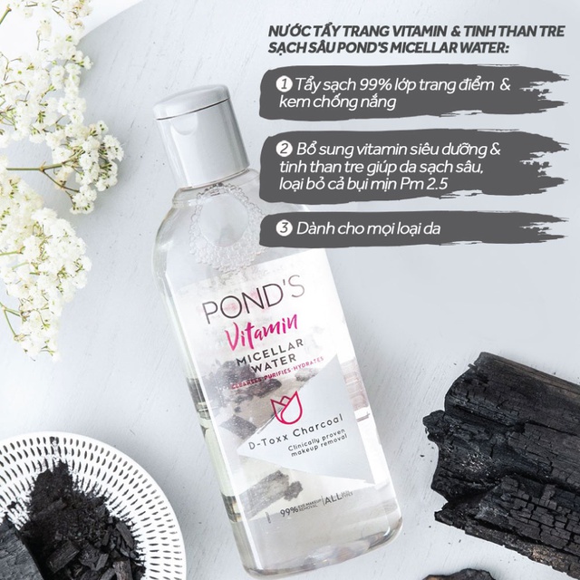 Nước Tẩy Trang Pond's Vitamin Micellar Water D-Toxx Charcoal Than Hoạt Tính Sạch Sâu 100ml