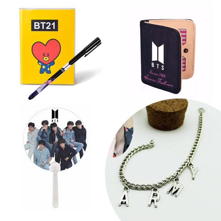 (M72) Combo 5 món đồ BTS gồm sổ nhỏ bút mực ví gập ngắn nhỏ tiện lợi quạt nhựa tròn cầm tay vòng tay army