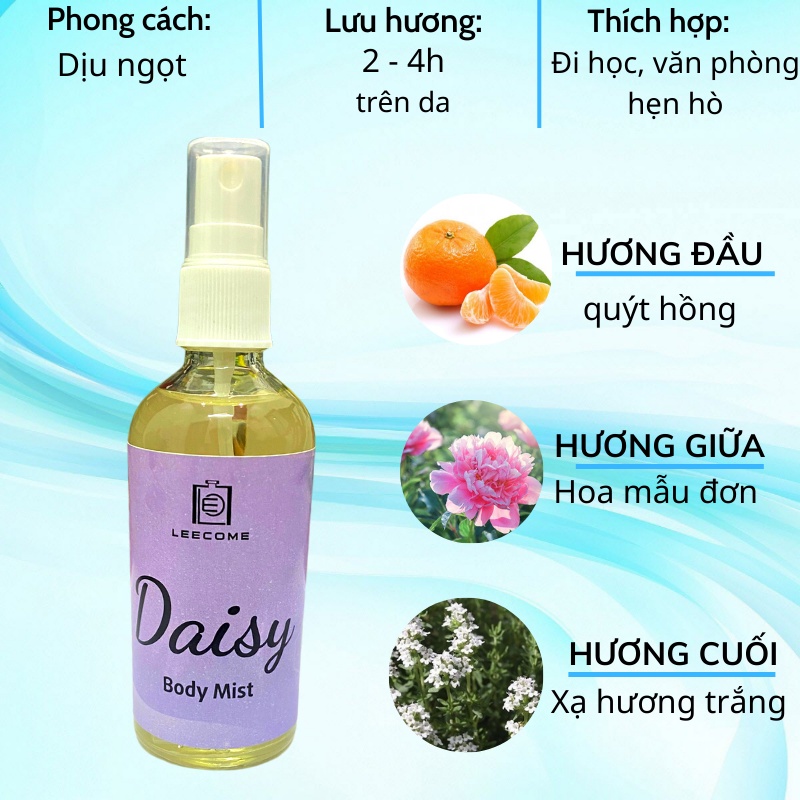 Body mist xịt thơm body LEECOME hương nước hoa siêu thơm lưu hương lâu, dưỡng ẩm cho da