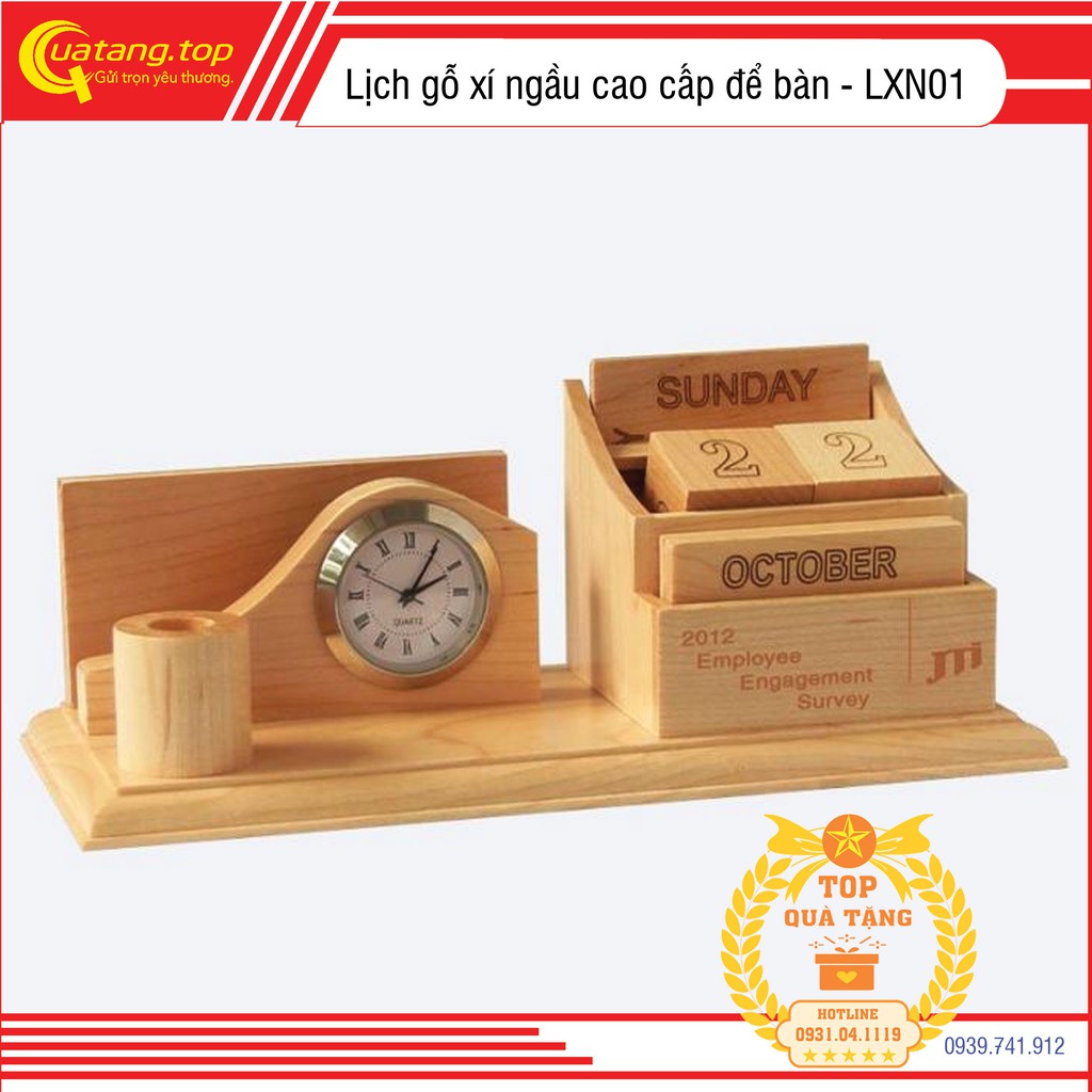 [Quà tặng để bàn đa năng] Lịch xí ngầu gỗ cao cấp gỗ Maple kèm Đồng hồ + Cắm bút + Lịch vạn niên tự lật giờ ngày tháng