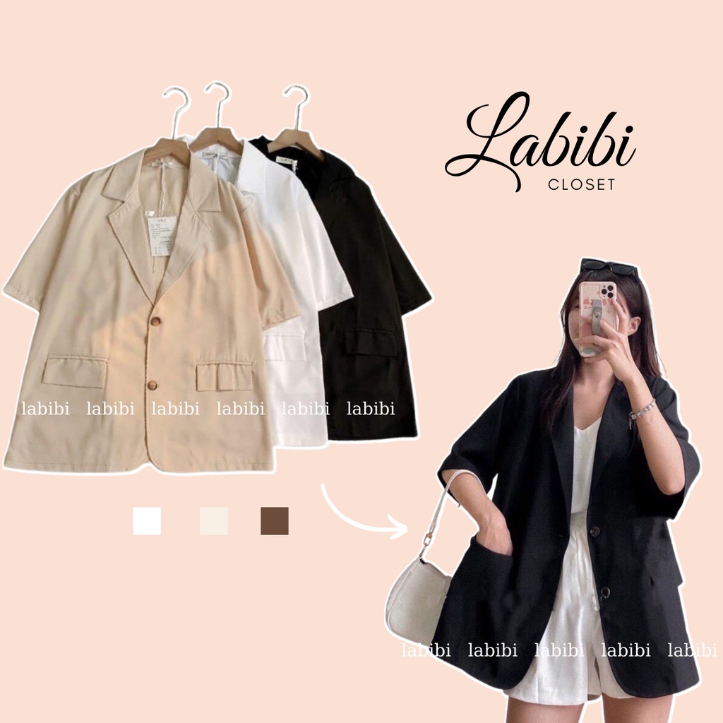 Áo Blazer Cộc Tay Trơn Dáng Rộng Chất Mát, Áo Khoác Vest Ngắn Tay Cơ Bản Nhiều Màu, Labibi