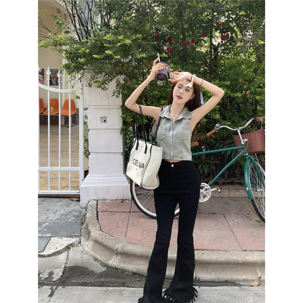 Áo Denim Không Tay Cổ Yếm Có Khóa Kéo Phong Cách Mới 63607