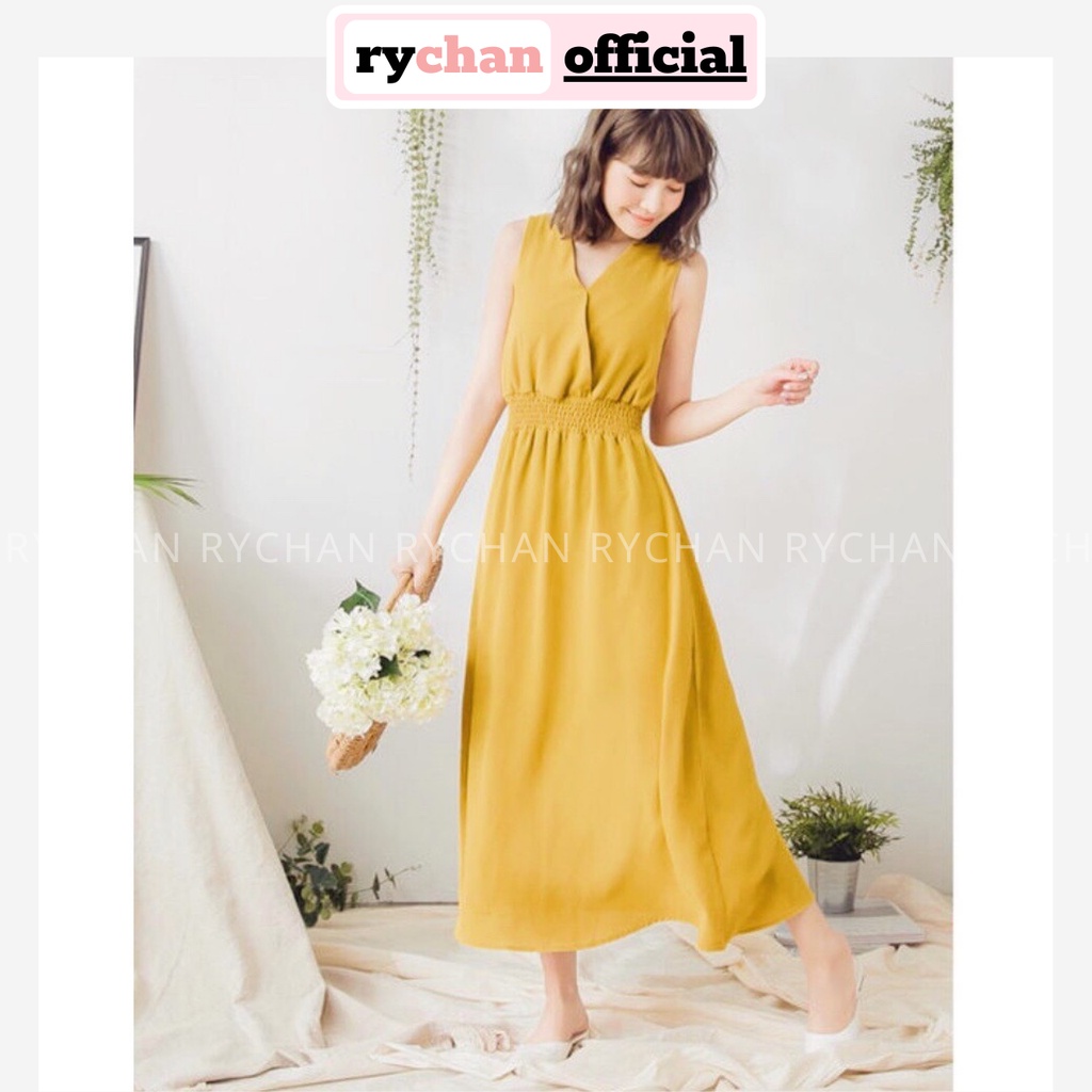 [ẢNH THẬT CUỐI] DM788 - Đầm Maxi Vàng Sát Nách Cổ V Nhún Eo