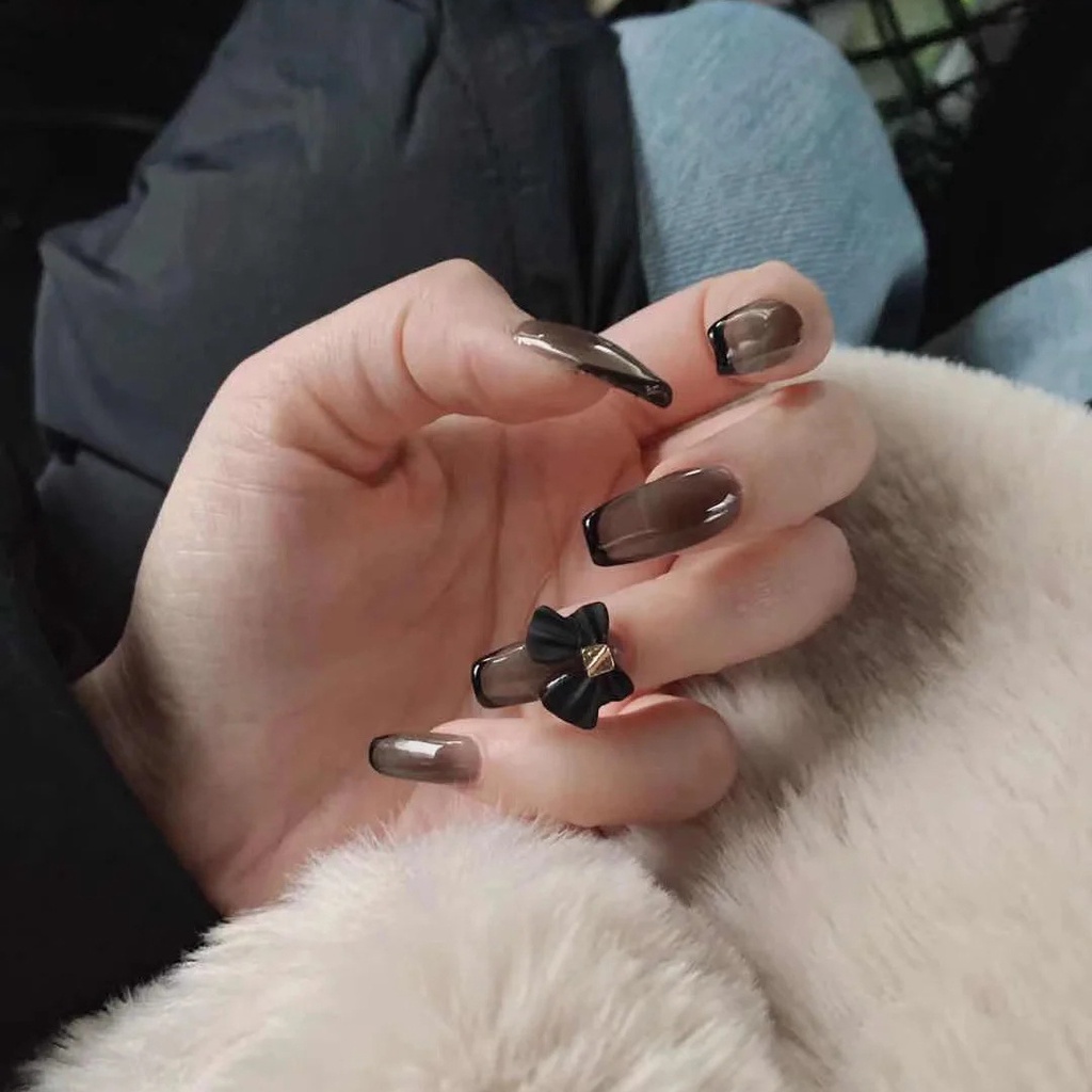 Bộ 24 Móng Tay Giả Thắt Nơ Có Thể Tháo Rời Màu Hồng/Đen/Dye