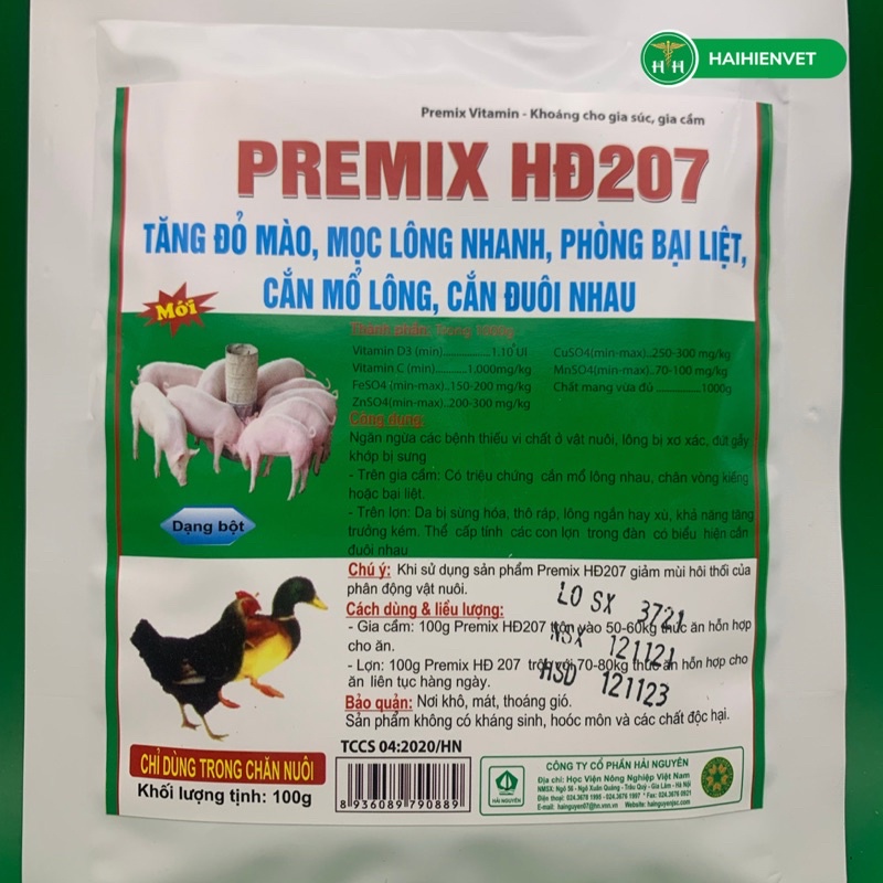 PREMIX HĐ207 100g - Đỏ mào, mọc lông nhanh, ngừa B-ại l-iệt, cắn mổ lông, căns đuôi nhau ở gia cầm, thú cưng