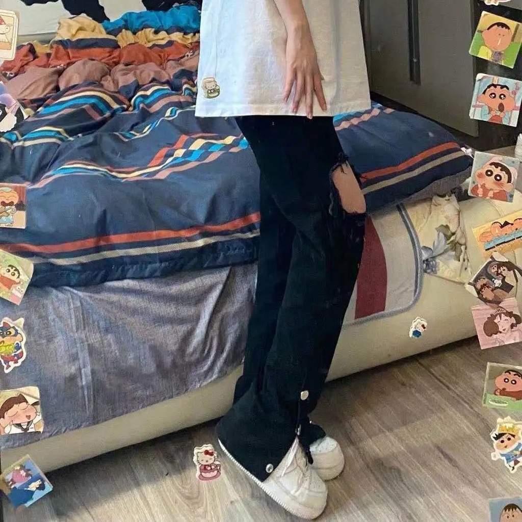 Quần Jeans Nữ Lưng Cao Ống Đứng Rách Gối Thời Trang Hàn